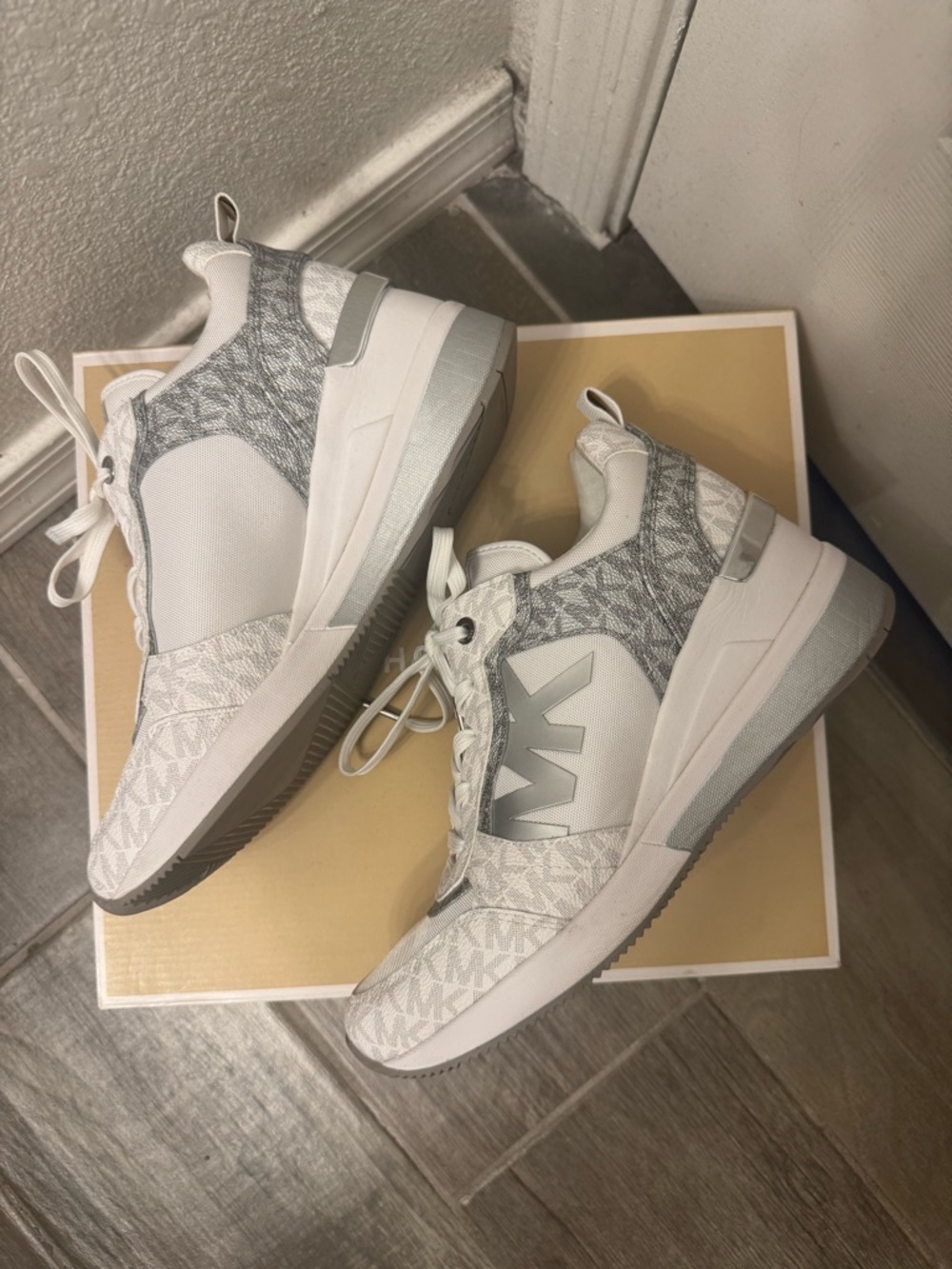 Michael Kors White and Gray MK Monogram Athletic Sneakers
